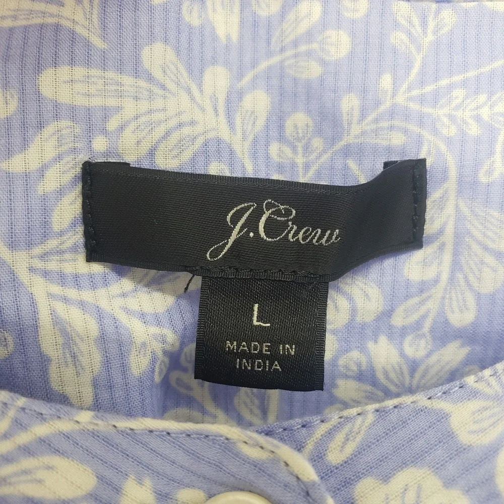 J Crew Floral Ruffle Bib Blouse Top Women Size L Blue White Cotton Peasant NWT